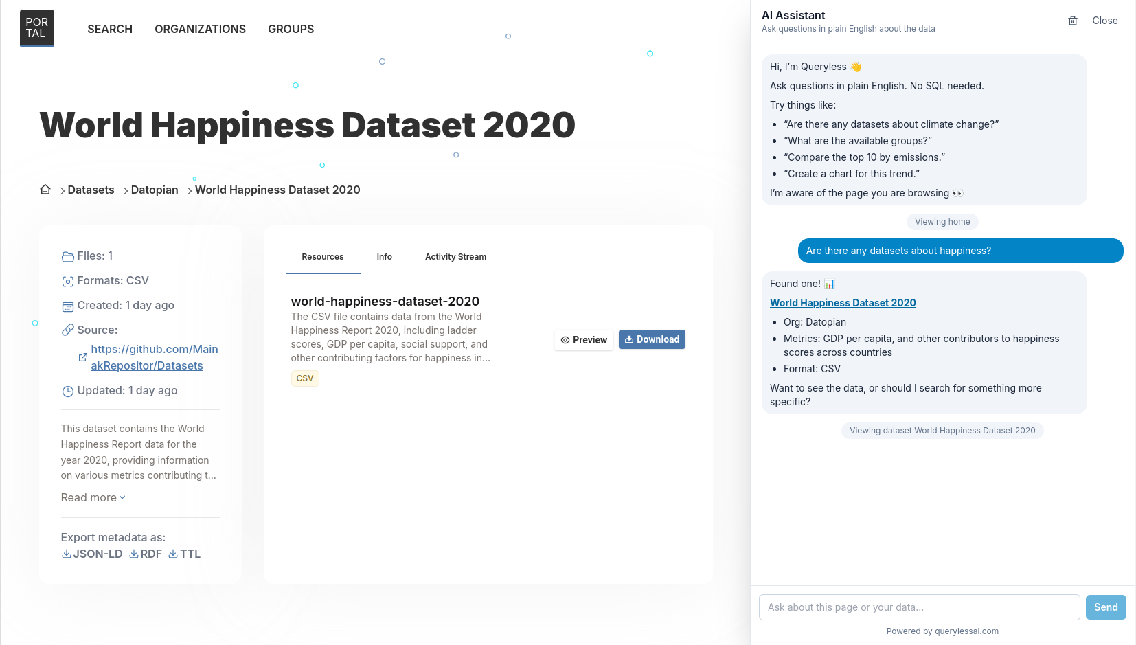 QuerylessAI PortalJS integration chat context-awareness